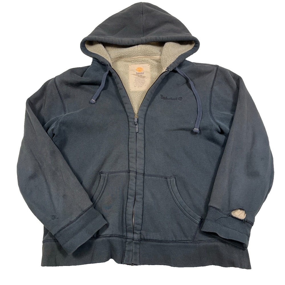 Vintage Y2K Timberla Hoodie Men XL Black Full Zip Sherpa Lined Jacket Sun Faded